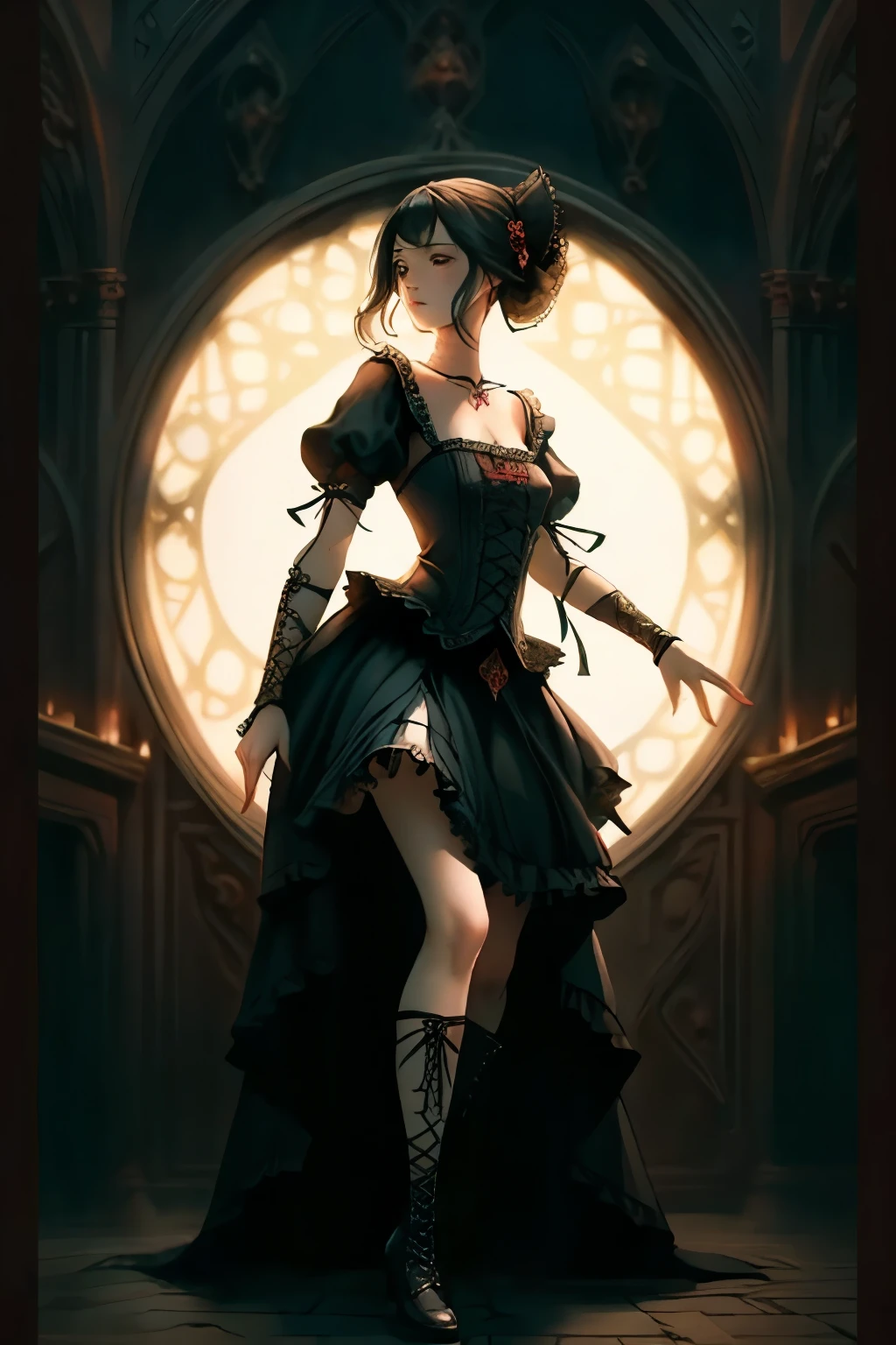  ((best quality)), ((masterpiece)), (detailed), very skinny, prominent collarbones, skinny arms, flat stomach, visible hip bones, red and white clothing, Bloodborne inspired, occult aesthetic, occult, detailed and intricate steampunk and detailed gothic, NSFW, Very dramatic and cinematic lighting, cosmic horror, grim-dark, side-lighting, perfect face, NSFW, Fluttering lace flared long knee length dress with frilly petticoats, knee length dress, pleated petticoats, lolita dress, petticoats gothic lolita, complex lace boots, side-lighting, gothic lolita aesthetic, wielding a mighty sword with mechanical components, carbine, NSFW, beautiful small breasts, small breasts, full body, whole body, body, NSFW, full body, whole body, head-to-toe NSFW 