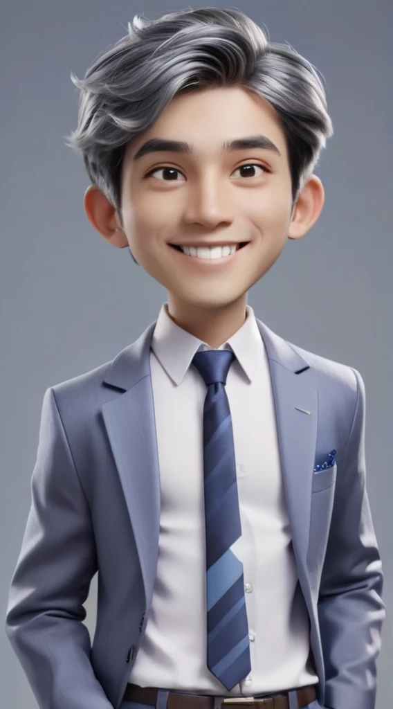 3d cartoon style, 20 years old man, short gray hair, little hair, in a dark blue suit and light blue shirt, no tie, smiling at the camera, foto perfil, commercial shot., face is brightly lit