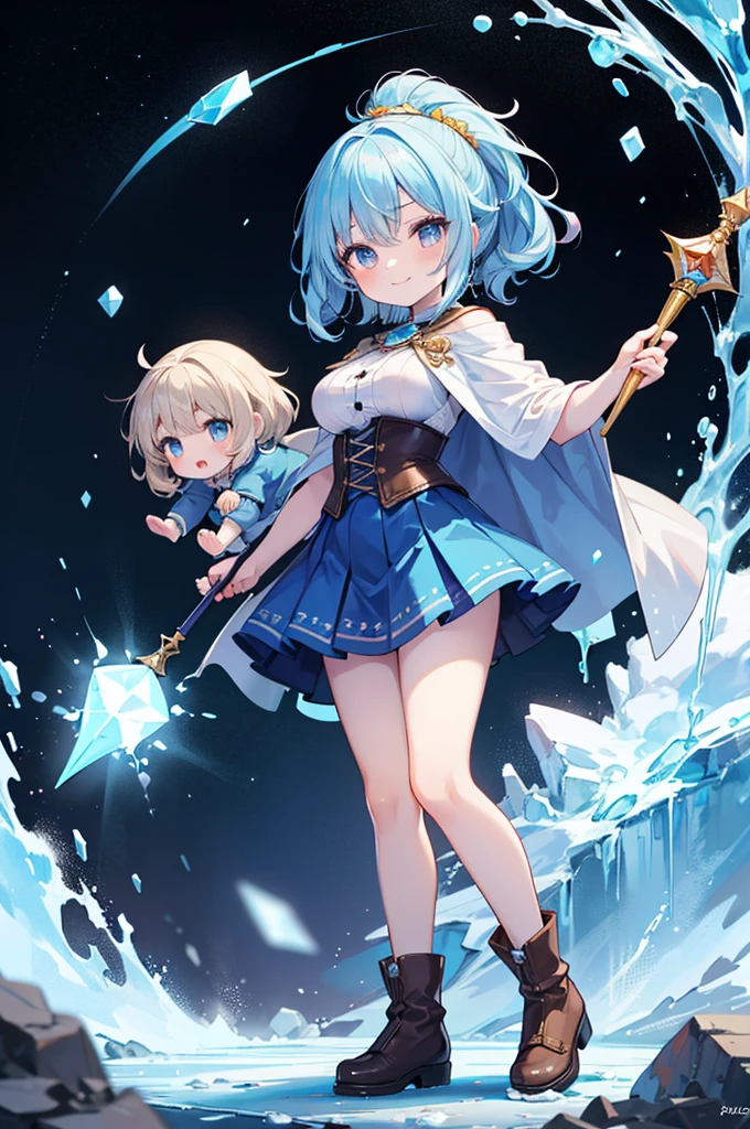 Fantasy,((Masterpiece)),((high resolution)),((Best Quality)),Anime illustration,((1girl)),(wavy hair),(short hair),(pale blue hair color),small ponytail,headband,Indigo eyes,(Big round eyes),((tareme)),((child)),12 years old,((baby face)),((very big breasts)),Short stature,Young,(loli),,ice wizard,sleeveless white blouse,Blue mini skirt,slit,Brown corset,brown capelet,smile,,Brown long boots,wizard's wand with blue gem,
