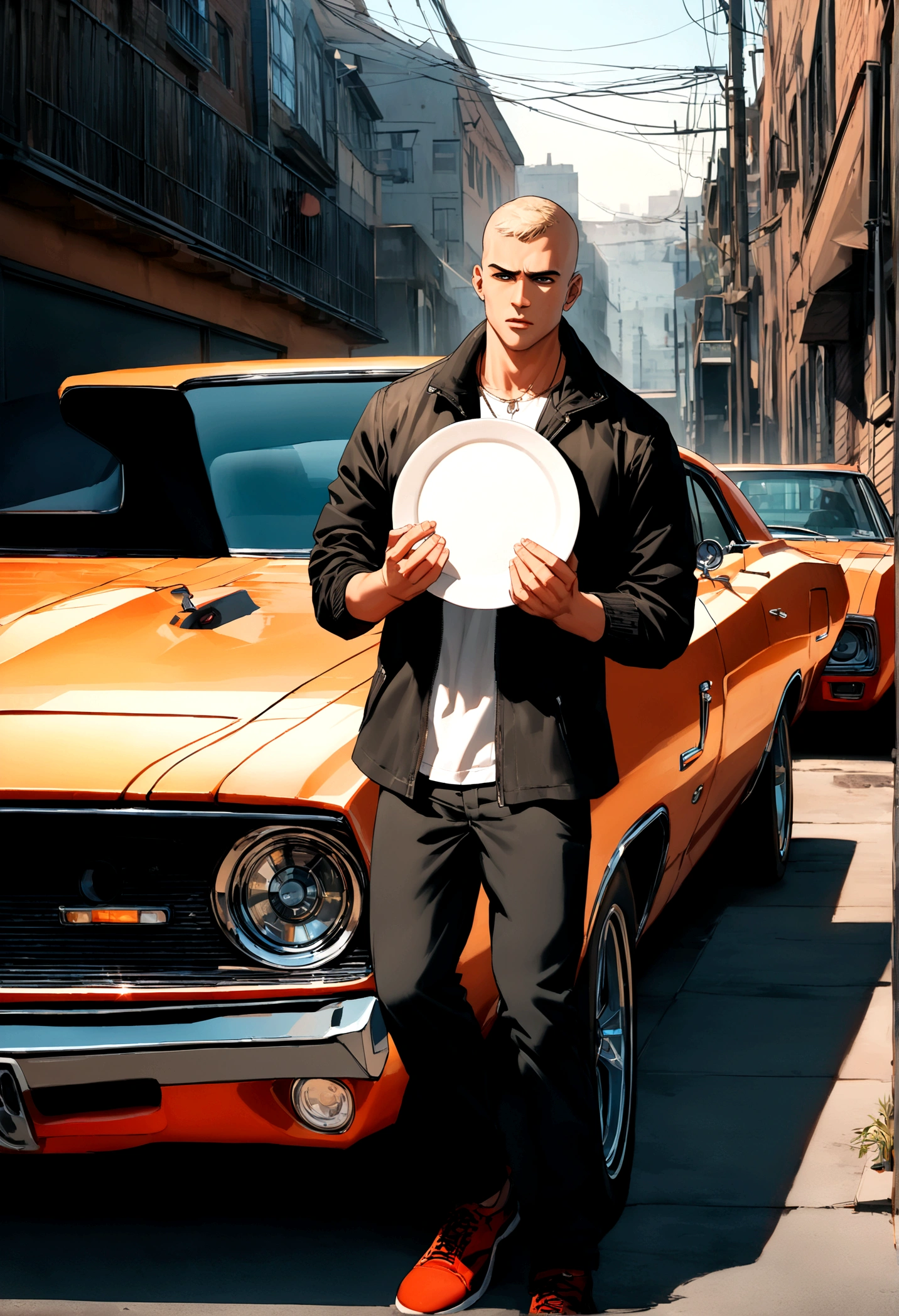 half body photography, Director of photography, ultra realistic, 1 man holding an empty plate, Beautiful face, Full body shot, Detailed clothing, Beautifully detailed, Extremely detailed eyes and face, Beautiful detailed eyes, (UHD, HDR, High Resolutions, ultra detailed, intricate details, Textural effects, absurdities, Masterpiece, 8k:1.2) See Vin Diesel in his iconic role as Dominic Toretto, from the 'Fast and Furious' franchise, standing next to a powerful black 1970 Dodge Charger RT in an urban setting. The evening sun illuminates the scene, creating a warm and energetic atmosphere. Dominic Toretto junto al Dodge Charger RT 1970, Shining with shiny metallic color and high-speed details. ((Toretto holds an empty plate in his hands.)) and his intense and determined look reveals his determination. You may feel like something exciting is about to happen... City lights reflect on the car body., and the noise of the engines and the adrenaline are breathed in the air. XF IQ4, 150 megapixels, 50mm, ISO 1000, 1/250s, natural light, Adobe Lightroom, photography laboratory, affinity photo, PhotoDirector 365 Waiting to get started
