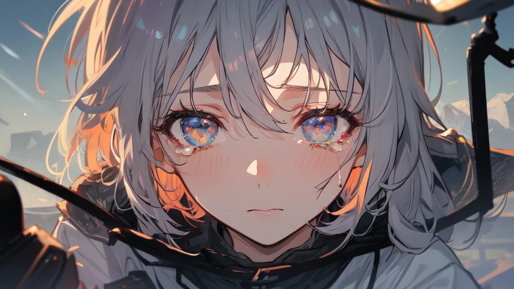 masterpiece:1.2), best quality , 独奏 ,pixiv, anime girl ,long straight white hair , black eyes ,Wearing off-white camouflage uniform ,ten years old,modern battlefield,(Eyes looking into the distance:1.3),(look away:1.5),snowy weather,dirty face,blood on forehead,dirty face,Backlight,Bare rocky peaks ,The expression is sad,leave tears,When the war situation seems to be developing for the better,,A girl wakes up from her deep sleep,She doesn't understand her own life、Not sure about the power in the body,As pure as white paper。At the same time, another soul is sleeping inside the girl's body.,it was an accident,It is also one of the waves that changes the world。