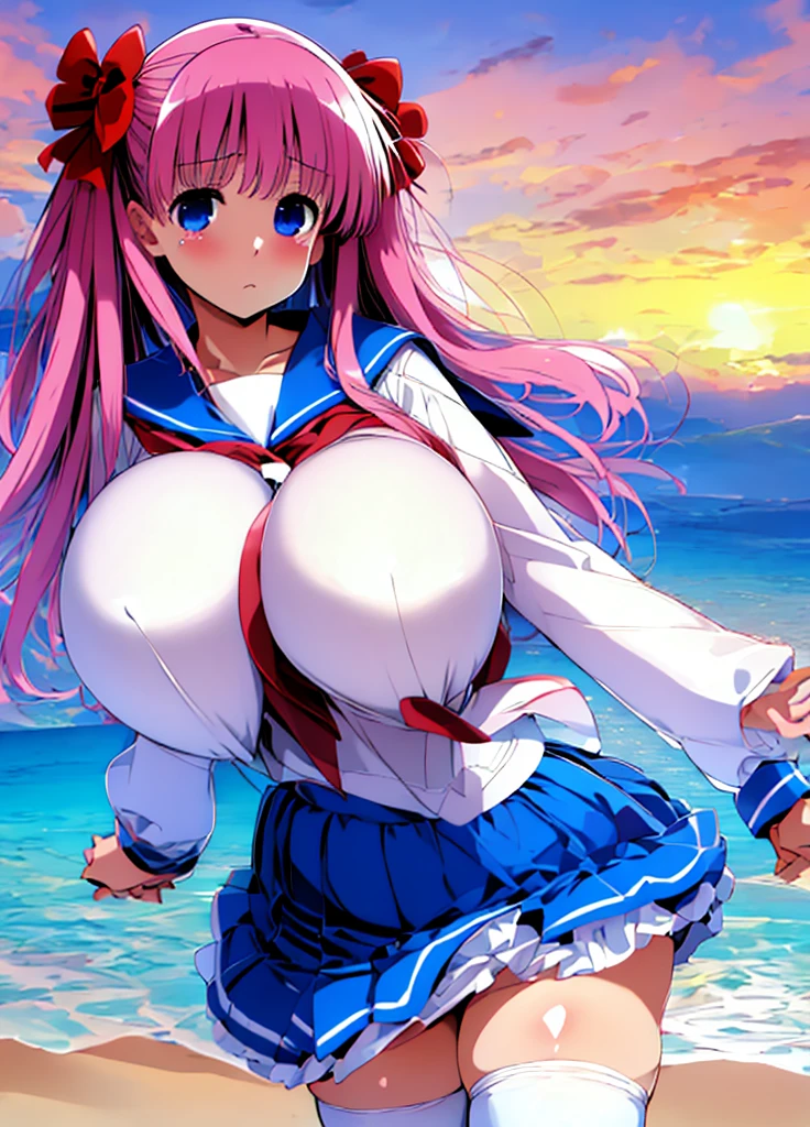 (masterpiece, best quality:1.2),illustration,high quality, ultra-detailed, ray tracing,perfect lighting, , 1girl, beautiful skin, beautiful girl,good hands,sharp focus,,,dynamic angle,[:(detailed face:1.2):0.2], (junk_handed over, blue eyes, pink hair, long hair, hair bow, kiyosumi , serafuku, blue skirt, white thighhighs,, Erect nipples, huge breasts, , , Sad expression, tears), beach, sunset, running, bouncing breasts, bouncing stomach, shake hands from behind