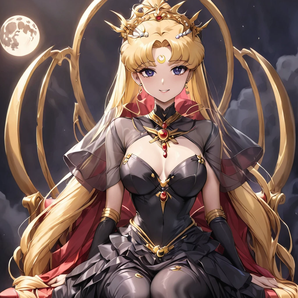 ((Highest quality)), ((masterpiece)), (detailed), (Perfect Face)、Black moon mark on forehead、The woman is Black Serenity, the noble dark queen of the Black Moon clan and has blonde hair.2The woman, Princess Serenity, has long hair tied up in a ponytail and is sitting on a large throne, hugging and kissing the majestic and powerful Dark Moon King.、The woman has a black inverted crescent moon mark on her forehead, a gorgeous and glittering black gothic Victorian dress, a black veil and a black see-through cape, and is wearing luxurious jeweled accessories. She is the Queen of Darkness, the jet-black Princess Serenity, looking at the camera with a happy expression, and has the expression of a maiden in love.