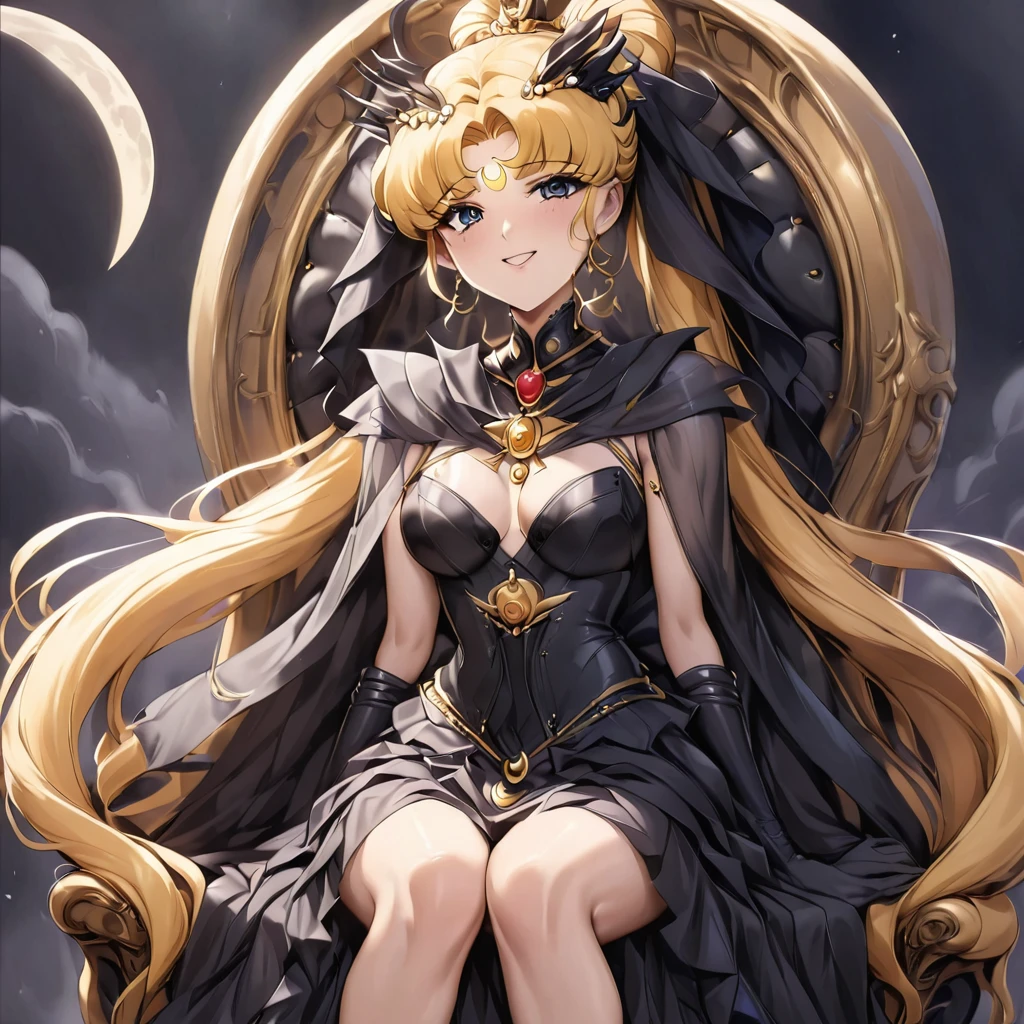 ((Highest quality)), ((masterpiece)), (detailed), (Perfect Face)、The woman is having sex with the majestic, powerful, and deformed demon king.、The woman is a dark queen with a black inverted crescent moon mark on her forehead, wearing a gorgeous, glittering black Gothic Victorian dress, a black veil, and a black see-through cape, as well as luxurious jeweled accessories.、The man is Demand, the dignified, evil, and powerful silver-haired demon king.、The Demon King of the Black Moon and the Dark Queen of the Black Moon having sex and making love、The woman is Black Serenity, the noble dark queen of the Black Moon clan and has blonde hair.2The woman with long hair tied up is Princess Serenity、A woman is embracing and having sex with a strong and evil demon king man.、The man is a strong and evil demon king who is embracing the woman and having sex with her.