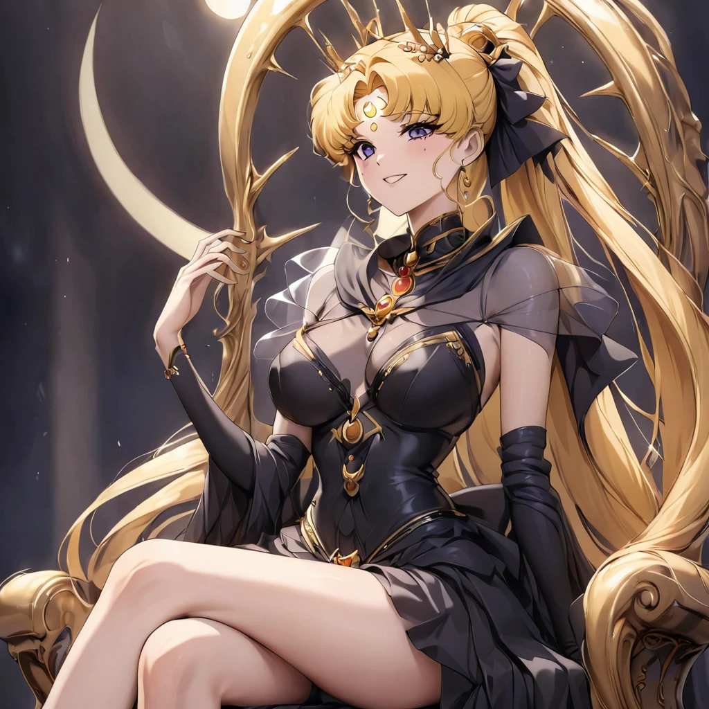 ((Highest quality)), ((masterpiece)), (detailed), (Perfect Face)、Black moon mark on forehead、The woman is Black Serenity, the noble dark queen of the Black Moon clan and has blonde hair.2The woman, Princess Serenity, has long hair tied up in a ponytail and is sitting on a large throne, hugging and kissing the majestic and powerful Dark Moon King.、The woman has a black inverted crescent moon mark on her forehead, a gorgeous and glittering black gothic Victorian dress, a black veil and a black see-through cape, and is wearing luxurious jeweled accessories. She is the Queen of Darkness, the jet-black Princess Serenity, looking at the camera with a happy expression, and has the expression of a maiden in love.
