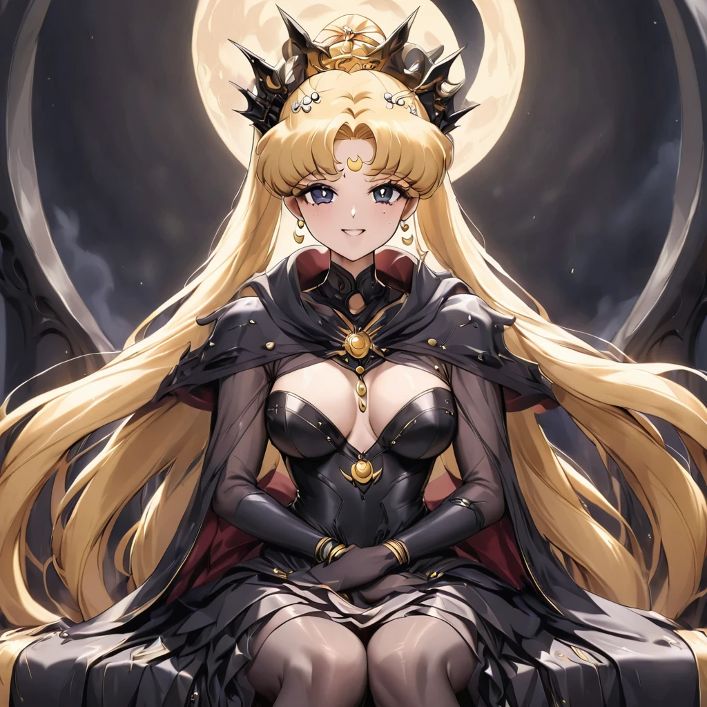 ((Highest quality)), ((masterpiece)), (detailed), （Perfect Face）、Black moon mark on forehead、The woman is Black Serenity, the noble dark queen of the Black Moon clan and has blonde hair.２The woman, Princess Serenity, has long hair tied up in a ponytail and is sitting on a large throne, hugging and kissing the majestic and powerful Dark Moon King.、The woman has a black inverted crescent moon mark on her forehead, a gorgeous and glittering black gothic Victorian dress, a black veil and a black see-through cape, and is wearing luxurious jeweled accessories. She is the Queen of Darkness, the jet-black Princess Serenity, looking at the camera with a happy expression, and has the expression of a maiden in love.