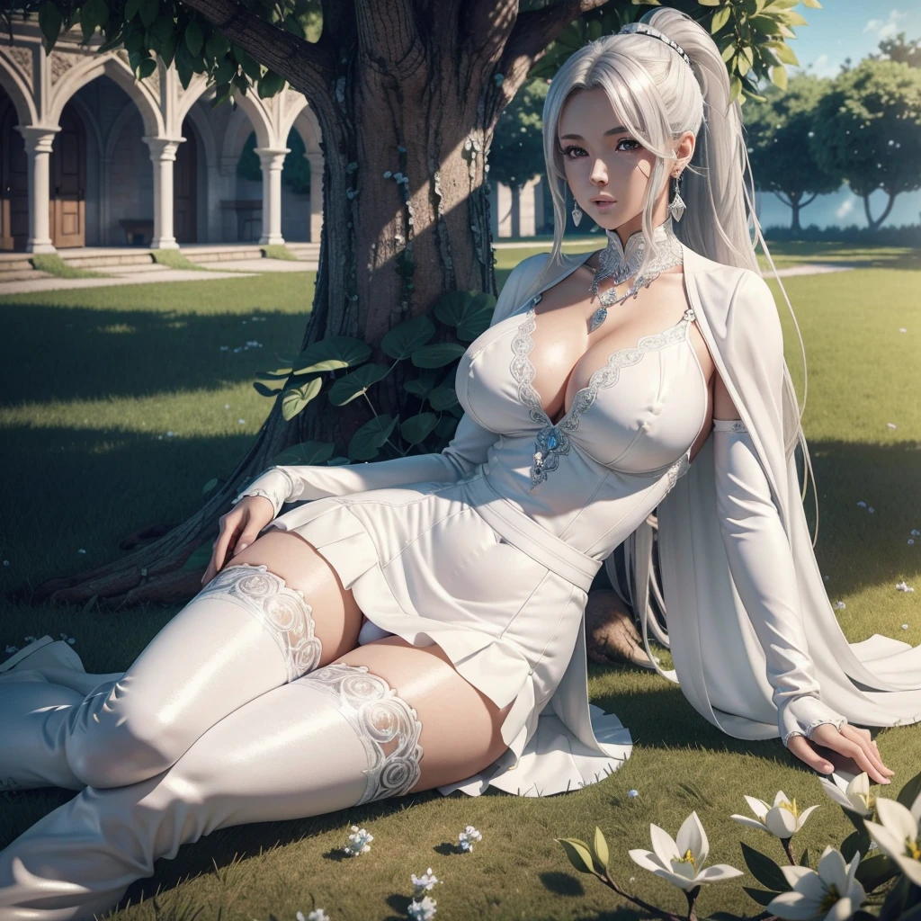 woman in a garden, Beautiful detailed eyes, beautiful detailed lips, extremely detailed eyes and face, long eyelashes, low-cut white blouse with long sleeves and high neck, white cape on shoulders,( Intricate Silver Earrings and Necklace)., pointy ears, (black skirt),( white gloves), white high heel thigh high boots, long platinum white hair tied in a ponytail, lock of long hair that frames the face, detailed silver eyes, sitting on the grass (lying under the shade of a leafy tree), surrounded by white and blue flowers, in the courtyard of a fantasy medieval castle, Hyper-realistic full figure, perfect body (Wide hips) (thick thighs), photorealistic, realistically shaded perfect body, (big breasts), seductive anime girl, photorealistic render of anime girl, High quality detailed art in 8k., oppai, realistic 3d anime, voluptuous body, 3d anime girl, very detailed anime, (sunrise time)