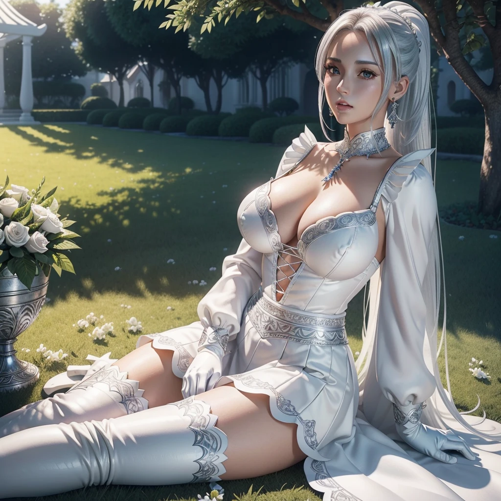 woman in a garden, Beautiful detailed eyes, beautiful detailed lips, extremely detailed eyes and face, long eyelashes, low-cut white blouse with long sleeves and high neck, white cape on shoulders,( Intricate Silver Earrings and Necklace)., pointy ears, (black skirt),( white gloves), white high heel thigh high boots, long platinum white hair tied in a ponytail, lock of long hair that frames the face, detailed silver eyes, sitting on the grass (lying under the shade of a leafy tree), surrounded by white and blue flowers, in the courtyard of a fantasy medieval castle, Hyper-realistic full figure, perfect body (Wide hips) (thick thighs), photorealistic, realistically shaded perfect body, (), seductive anime girl, photorealistic render of anime girl, High quality detailed art in 8k., oppai, realistic 3d anime, voluptuous body, 3d anime girl, very detailed anime, (sunrise time)