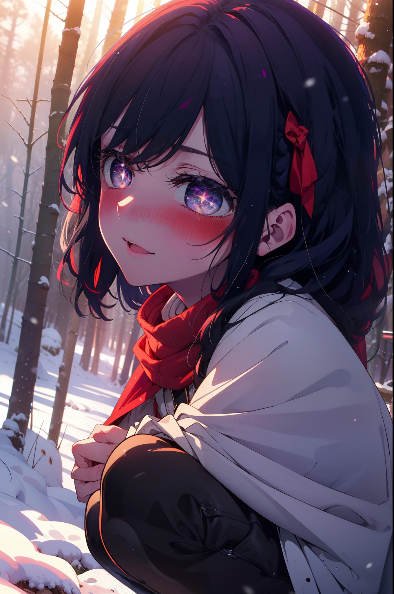 aihoshino, Ai Hoshino, Long Hair, bangs, (Purple eyes:1.1), Purple Hair, (Symbol-shaped pupil:1.5), smile,,smile,blush,White Breath,
Open your mouth,snow,Ground bonfire, Outdoor, boots, snowing, From the side, wood, suitcase, Cape, Blurred, , forest, White handbag, nature,  Squat, Mouth closed, Cape, winter, Written boundary depth, Black shoes, red Cape break looking at viewer, Upper Body, whole body, break Outdoor, forest, nature, break (masterpiece:1.2), Highest quality, High resolution, unity 8k wallpaper, (shape:0.8), (Beautiful and beautiful eyes:1.6), Highly detailed face, Perfect lighting, Extremely detailed CG, (Perfect hands, Perfect ???????),