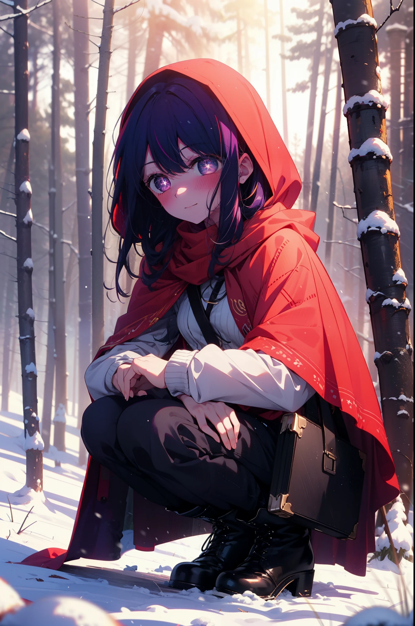 aihoshino, Ai Hoshino, Long Hair, bangs, (Purple eyes:1.1), Purple Hair, (Symbol-shaped pupil:1.5), smile,,smile,blush,White Breath,
Open your mouth,snow,Ground bonfire, Outdoor, boots, snowing, From the side, wood, suitcase, Cape, Blurred, , forest, White handbag, nature, Squat, Mouth closed, Cape, winter, Written boundary depth, Black shoes, red Cape break looking at viewer, Upper Body, whole body, break Outdoor, forest, nature, break (masterpiece:1.2), Highest quality, High resolution, unity 8k wallpaper, (shape:0.8), (Beautiful and beautiful eyes:1.6), Highly detailed face, Perfect lighting, Extremely detailed CG, (Perfect hands, Perfect Anatomy),
