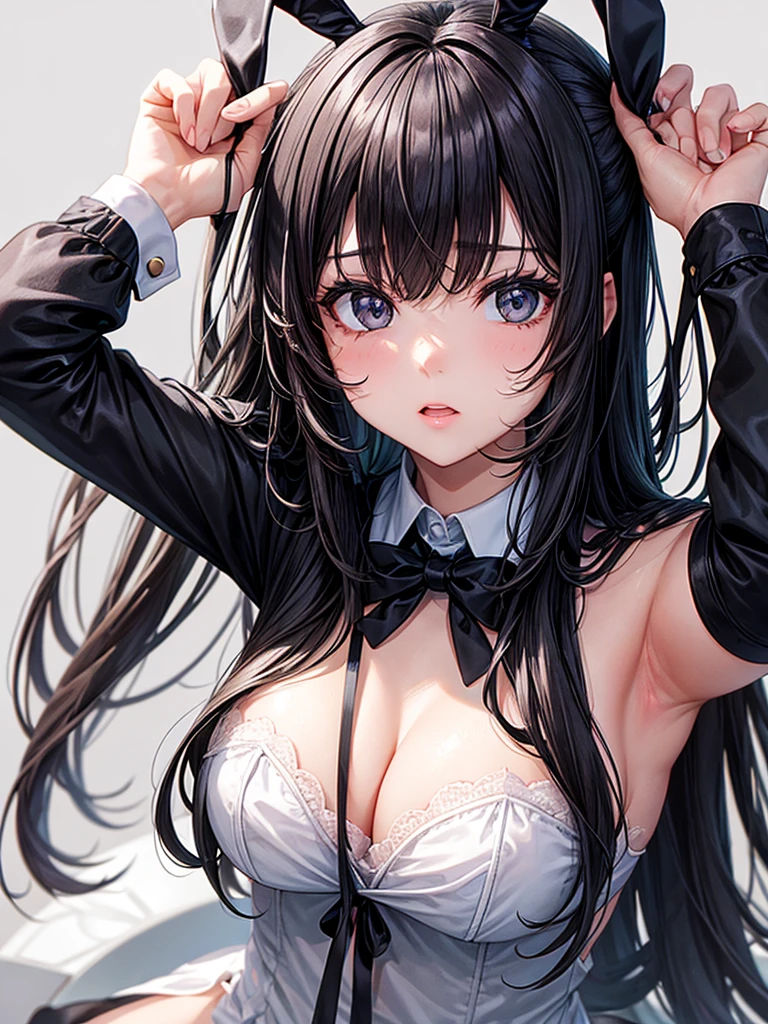 The girl with the pouring hair,black eyes,Long bangs hair,Put on a Bunny Girl outfit.,gray background