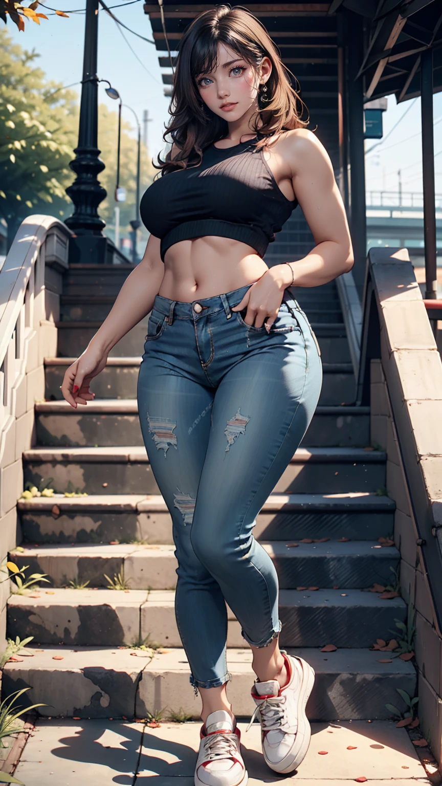 highest quality、masterpiece、ultra high resolution、22 year old white female、hair color is blonde、medium long hair、my hair is wavy、Eye color is blue、setting hair、accessories on wrist、wearing manicure、I'm wearing a choker、I'm wearing earrings、skin is smooth、Slender but muscular body、My heart is pounding、high resolution、My abs are cracked、I can see the navel、She is wearing an off-shoulder top with fluff that shows her underboob.、I'm wearing low-rise skinny jeans、wearing high heels、I'm in the atrium of a shopping mall、I'm wearing a waist pouch、smile