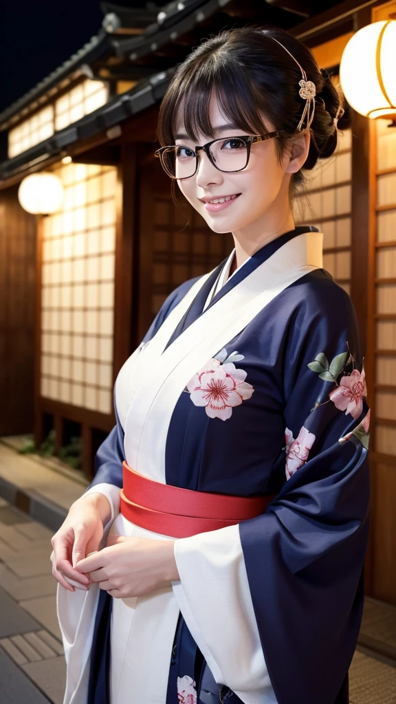 highest quality, masterpiece, ultra high resolution, (realistic:1.4), Raw photo, very detailed, perfect anatomy, 1 girl, 15 years old, most popular japanese idols, Wearing a luxurious Japanese kimono and cute designed glasses, innocent smile, Sitting straight in a traditional Japanese room, Very cute baby face like Japan's most famous idol, Amazingly beautiful big black and round eyes, very beautiful realistic skin, very beautiful black hair short cut, very beautiful big breasts, Detailed luxurious Japanese kimono, Cute glasses with detailed design, detailed beautiful face, fine eyes, Detailed and realistic skin, fine black short cut hair, Traditional Japanese room with attention to detail