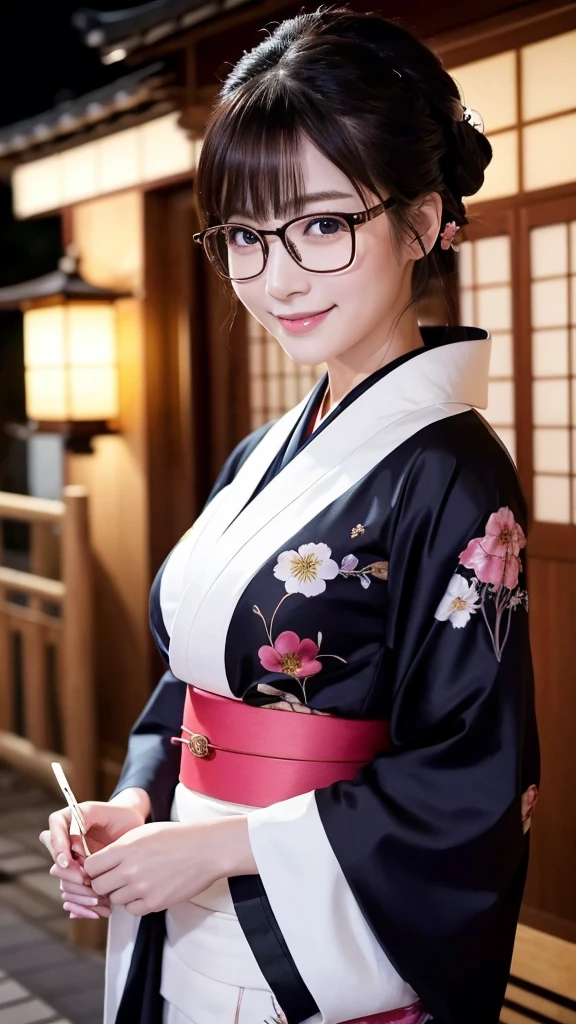 (Super beautiful woman in kimono)、((highest quality、8K masterpiece:1.3))、sharp focus:1.2、(super beautiful face:1.0)、(shiny skin:1.0)、realistic pictures、black hair、video lighting、High resolution eyes and face、video lighting、japanese actress、from the front、big breasts、with a happy smile、Slender abs beauty、whole body、wearing a kimono、in Kyoto、(((luxury obi)))、In Kyoto at night、wearing glasses with no edge、with a fan