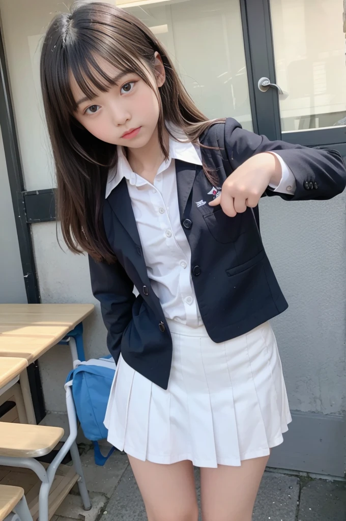 Put your hands on your crotch　Tabletop,　-yeld gi Small breasts　,　Surprisingly small　 Open chest,　Cleavage visible through the gap in her shirt , ((Girls' School Uniform)), 、