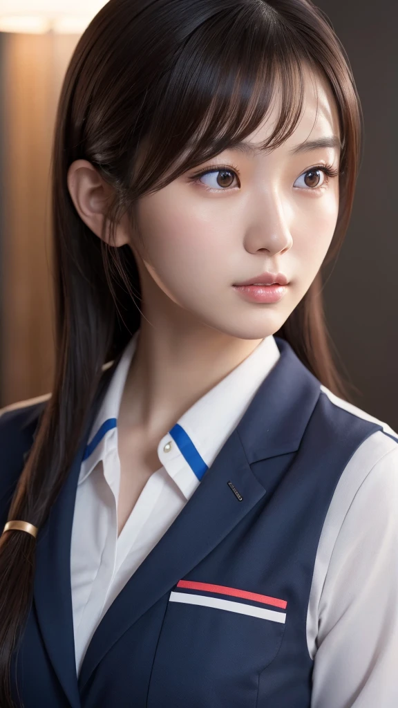 A beautiful young Japanese woman, around 20 years old, wearing a stewardess uniform, ultra-detailed, 8K resolution, highly realistic, cinematic lighting, best quality, masterpiece, photorealistic, physically-based rendering, extremely detailed, vivid colors, professional, sharp focus, studio lighting