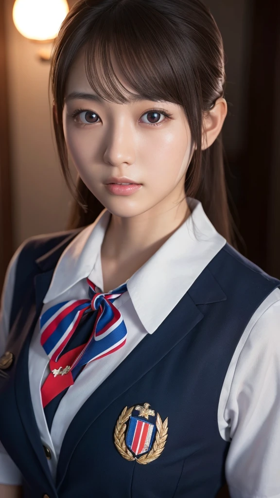 A beautiful young Japanese woman, around 20 years old, wearing a stewardess uniform, ultra-detailed, 8K resolution, highly realistic, cinematic lighting, best quality, masterpiece, photorealistic, physically-based rendering, extremely detailed, vivid colors, professional, sharp focus, studio lighting