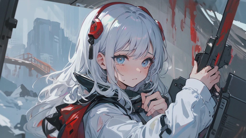 masterpiece:1.2), best quality , 独奏 ,pixiv, anime girl ,long straight white hair , black eyes ,Wearing off-white camouflage uniform ,ten years old,modern battlefield,(Eyes looking into the distance:1.3),(look away:1.5),snowy weather,dirty face,blood on forehead,dirty face,Backlight,Bare rocky peaks ,The expression is sad,leave tears,When the war situation seems to be developing for the better,,A girl wakes up from her deep sleep,She doesn't understand her own life、Not sure about the power in the body,As pure as white paper。At the same time, another soul is sleeping inside the girl's body.,it was an accident,It is also one of the waves that changes the world。Figures are smaller