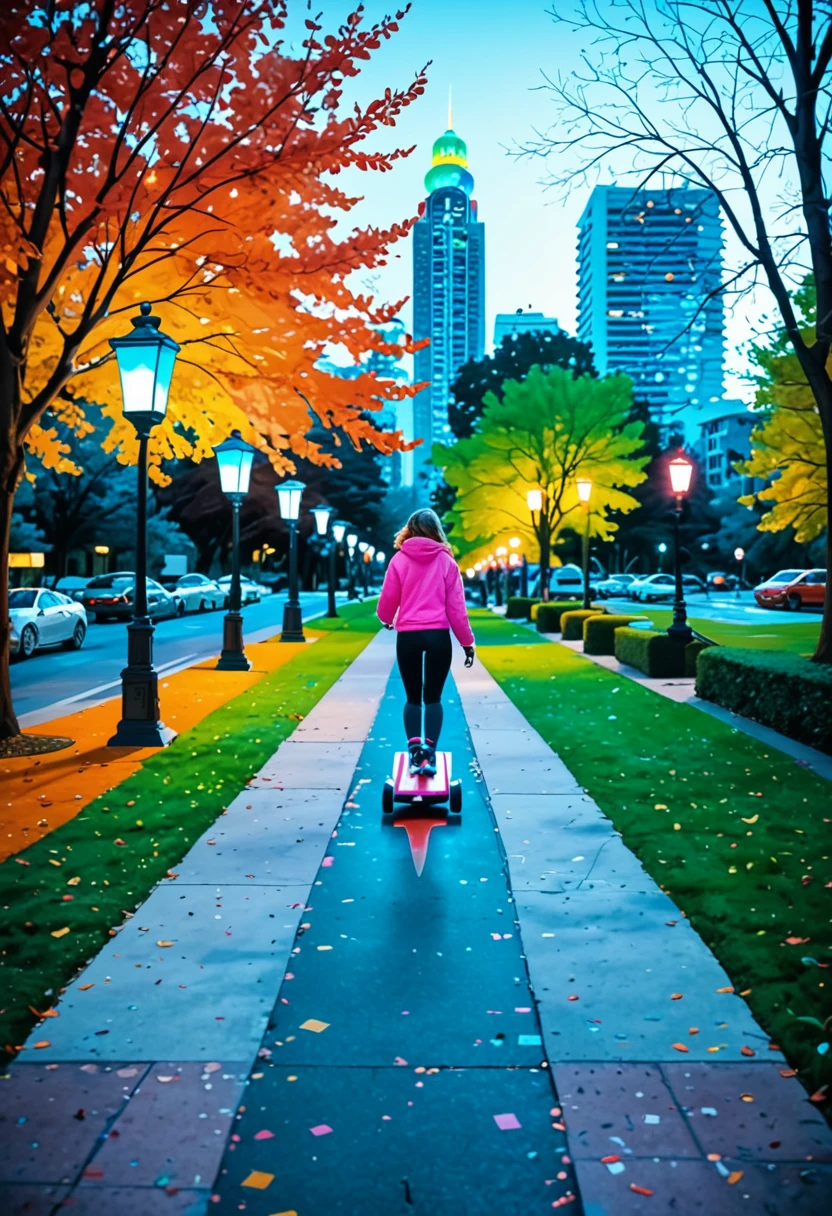 woman riding a segway on a sidewalk in a park, hoverboard, hoverboards, smart, vibrant and dynamic, shutterstock, having fun, charging through city, holiday season, vibrant and vivid, incredible quality, features, fashionable, unique design, beautiful views, amazing quality, vibrant vivid colors, beautiful image, with a park in the background, exclusive