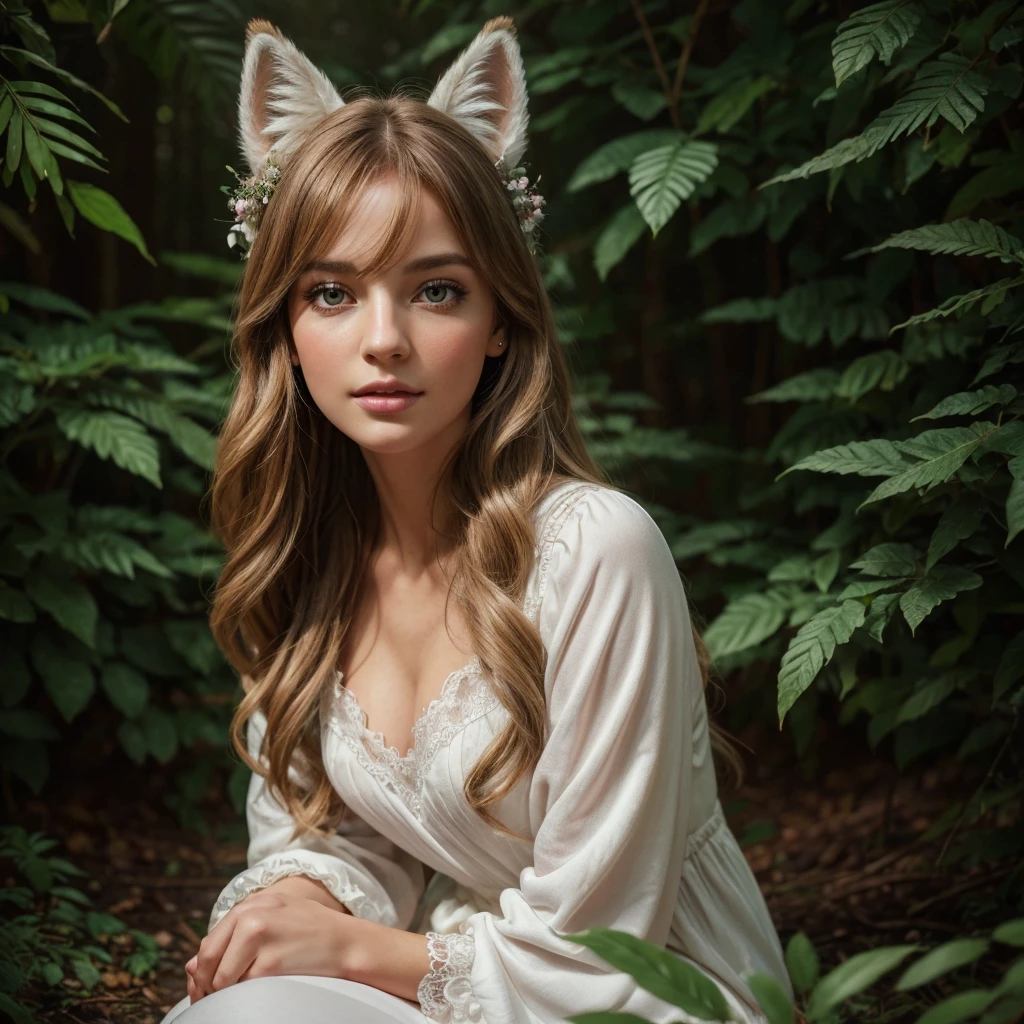 a charming girl in fluffy white pajamas with ears and foxtail, sitting in an enchanted forest, (best quality,4k,8k,highres,masterpiece:1.2),ultra-detailed,(realistic,photorealistic,photo-realistic:1.37),beautiful detailed eyes,beautiful detailed lips,extremely detailed eyes and face,longeyelashes,soft lighting,warm color tones,lush vegetation,magical atmosphere,intricate details,enchanted forest,whimsical,dreamlike