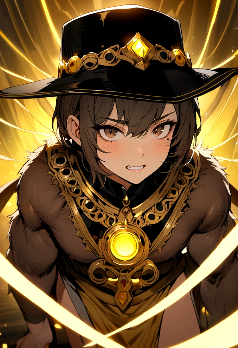 brown mole, brown eyes, 2 mole teeth, black hat with yellow lights, brown fur with yellow center, gray loincloth