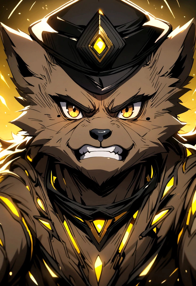 brown mole, brown eyes, 2 mole teeth, black hat with yellow lights, brown fur with yellow center, gray loincloth