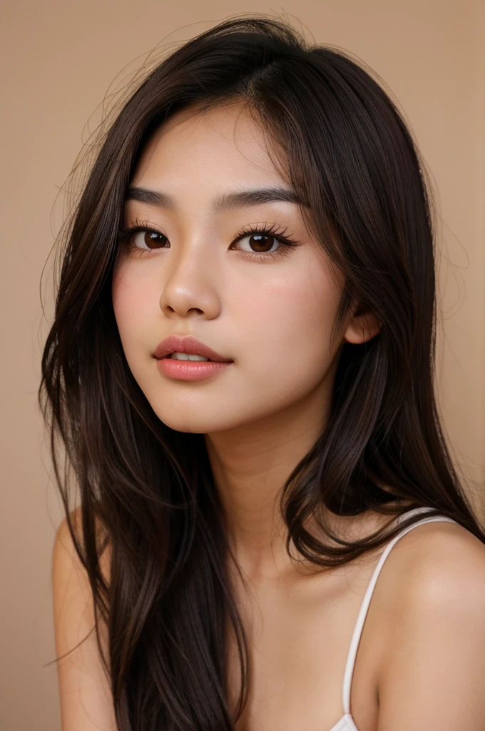 An asian girl with wavy dark brown hair, almond eyes, heart shaped lips , soft arch eyebrows, long nose and no makeup