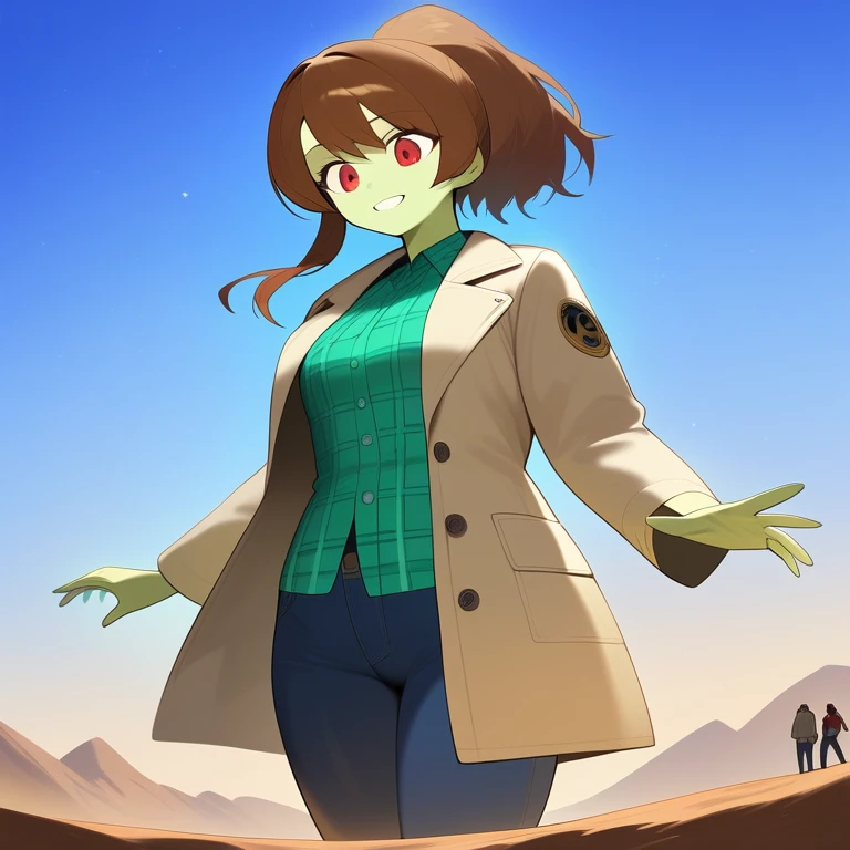 1girl,solo,red eyes,((brown hair:1.5)),ponytail,((light green skin: 1.5)), very tall, tattered coat, tan coat, jeans, flannel shirt,cowboy shot,on mars, red sky, starry sky, Science fiction,ultra-detailed,sharp focus,aesthetic,(best quality) smiling, giantess,