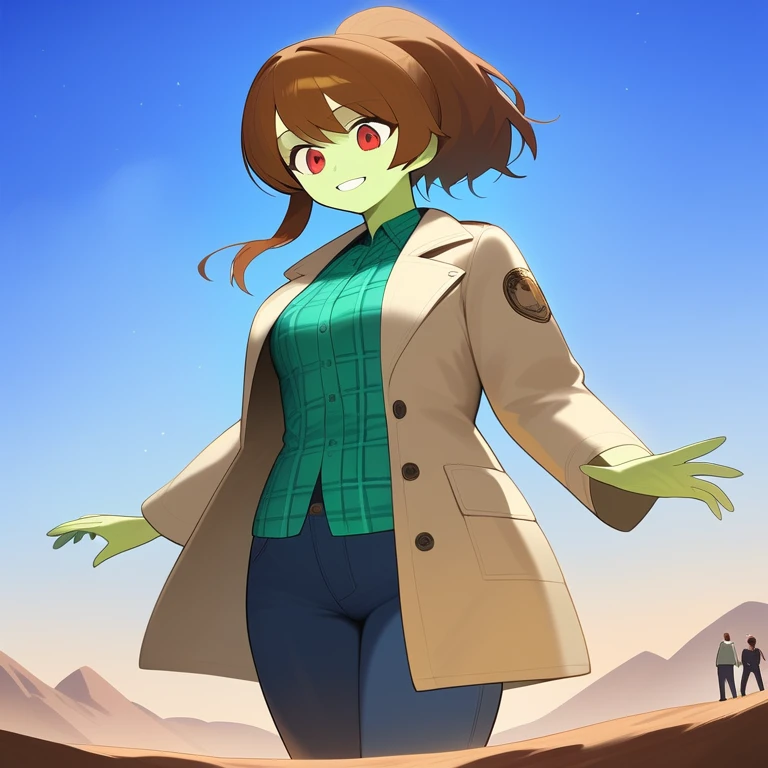 1girl,solo,red eyes,((brown hair:1.5)),ponytail,((light green skin: 1.5)), very tall, tattered coat, tan coat, jeans, flannel shirt,cowboy shot,on mars, red sky, starry sky, Science fiction,ultra-detailed,sharp focus,aesthetic,(best quality) smiling, giantess,