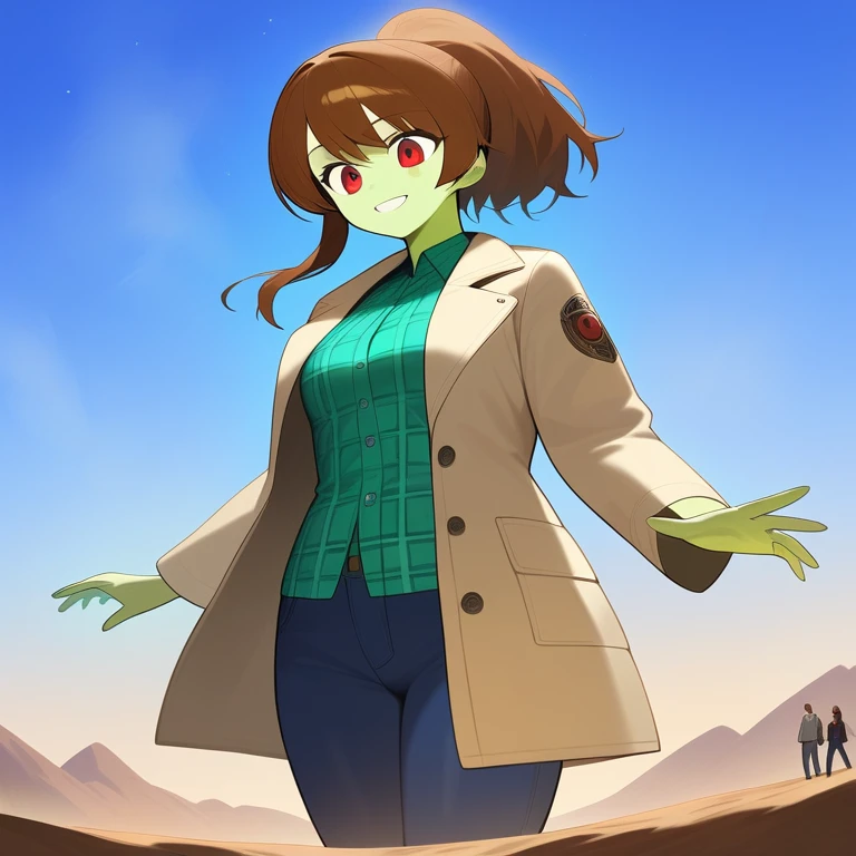 1girl,solo,red eyes,((brown hair:1.5)),ponytail,((light green skin: 1.5)), very tall, tattered coat, tan coat, jeans, flannel shirt,cowboy shot,on mars, red sky, starry sky, Science fiction,ultra-detailed,sharp focus,aesthetic,(best quality) smiling, giantess,