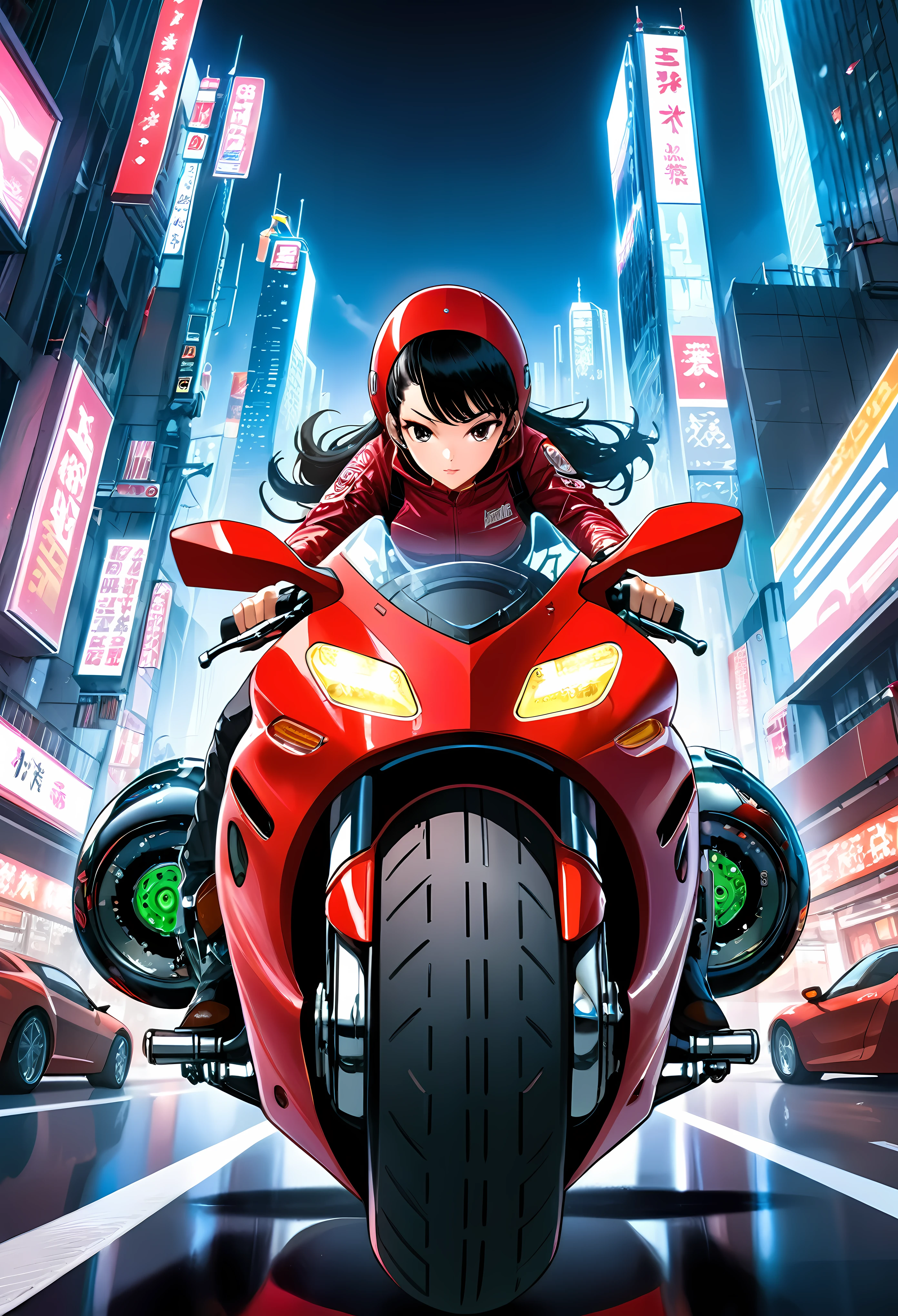 Create a detailed image of a futuristic motorcycle inspired by the iconic bike from the classic Akira manga/anime. The motorcycle should have a sleek, aerodynamic design with a low-slung, elongated body. It should feature a vibrant red color with a glossy finish. The front should have a curved, bubble-shaped windshield, integrated into the bike’s streamlined form. The wheels should be large and chunky, with a futuristic, almost hover-like quality. The front wheel is partially covered by an angular fender, while the rear wheel is exposed, showcasing intricate suspension and mechanical details. The bike should have detailed decals, including logos and futuristic text. The seat should be contoured for a single rider, blending seamlessly into the bike's body. The handlebars should be minimalistic, with advanced digital controls and displays integrated into the design. The background should be a neon-lit cityscape at night, with tall skyscrapers and futuristic elements, evoking a cyberpunk atmosphere. ((Pretty Female bike rider with futuristic neon clothing):1.2). | ((perfect_composition, perfect_design, perfect_layout, perfect_detail, ultra_detailed)), ((enhance_all, fix_everything)), More Detail, Enhance.
