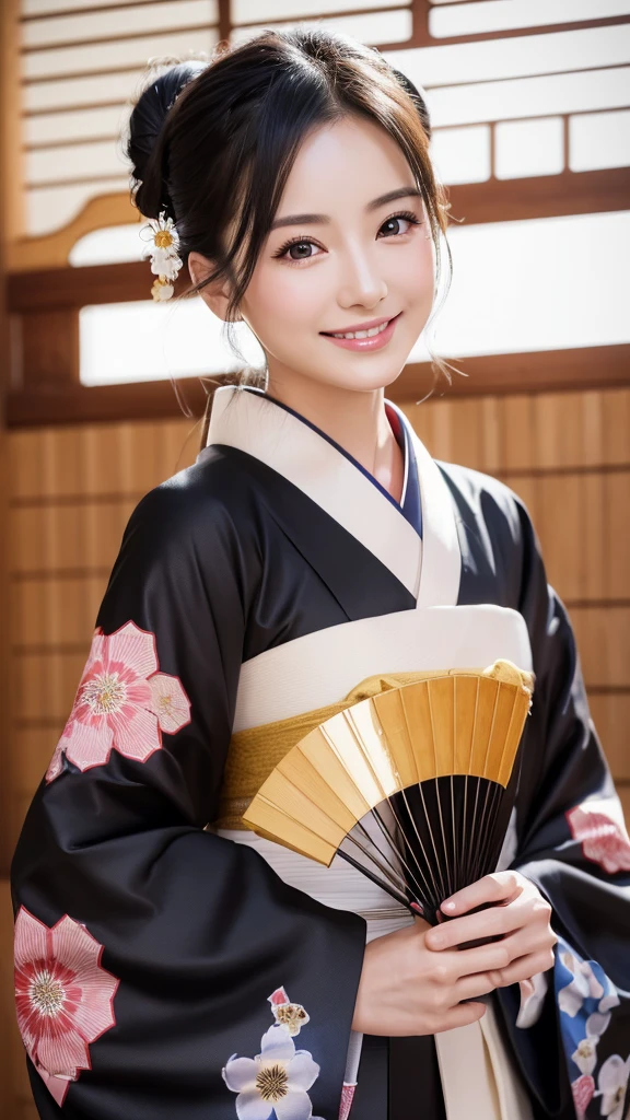 (Super beautiful woman in kimono)、((highest quality、8K masterpiece:1.harp focus:1.2、(subeautiful face:1.0)、(shiny skin:1.0)、realistic pictures、black hair、video lighting、High resolution eyes and face、video lighting、japanese actress、from the front、with a happy smile、whole body、wearing a kimono、in Kyoto、(luxury obi)、with a fan