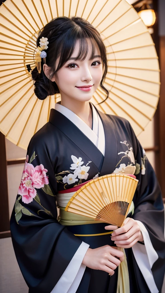 (Super beautiful woman in kimono)、((highest quality、8K masterpiece:1.3))、sharp focus:1.2、(super beautiful face:1.0)、(shiny skin:1.0)、realistic pictures、black hair、video lighting、High resolution eyes and face、video lighting、japanese actress、from the front、with a happy smile、whole body、wearing a kimono、in Kyoto、(luxury obi)、with a fan