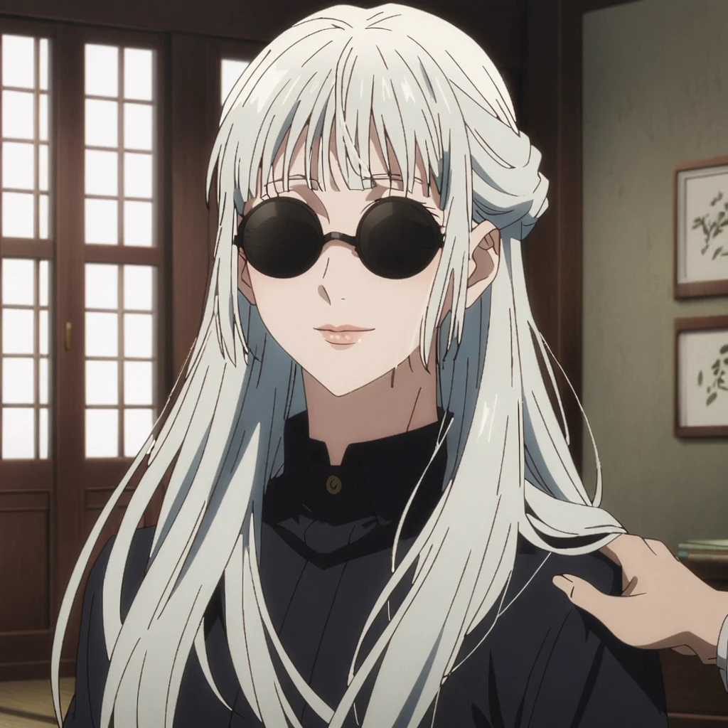 1girl, female gojo satoru, anime screencap from jujutsu kaisen, gojo satoru female version, solo, long_hair, blindfold, white_hair, window, breasts, upper_body, smile, indoors, book, bangs, covered_eyes, lips, wearing round sunglasses , ((her hairstyle : The character in the image has long, "straight white hair" with bangs that cover her eyes. The hair falls freely over her shoulders and down her back)) wearing black colour collared outfit, 