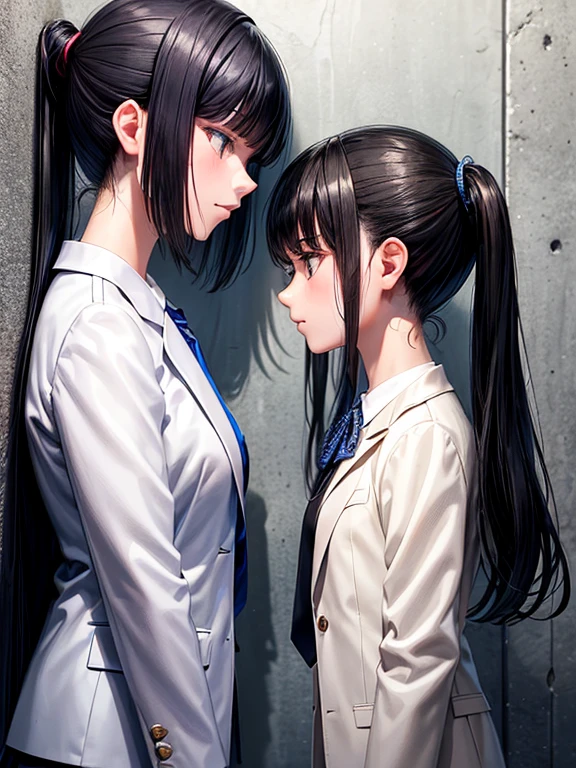An 18-year-old female and a 12-year-old female，Black Hair，White blazer，(They put their faces close together and glare at each other)，Intimidating the opponent，School，Wall，They are facing each other firmly，whole body，Side angle