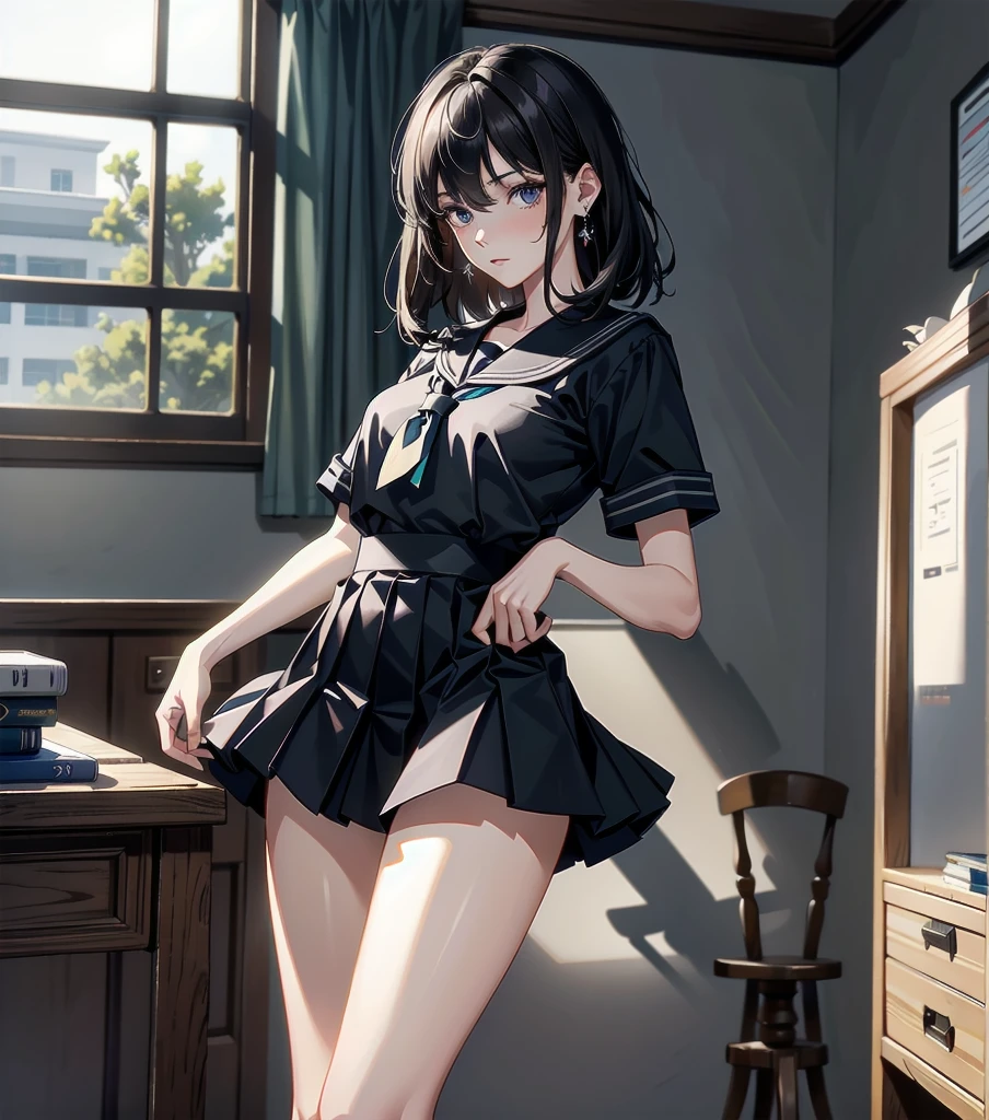 absurdres, RAW photo, extremely delicate and beautiful, masterpiece, Best Quality, ultra high resolution, 32k, hyperrealistic, ultra-detailed, perfect , super Detailed skin, late 20s, very Slim body, narrow waist, very small head, very small face, delicate facial features, tearful mole, earring, very huge round , medium hair, black hair, full body shot, school_uniform, sailor uniform, classroom,