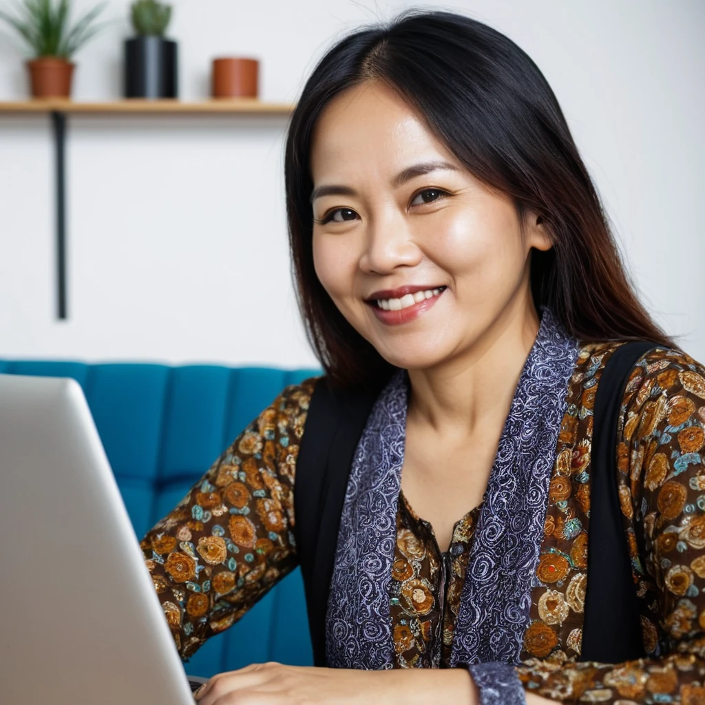 headshot photo of javanese writer woman, 45 years old, fat, smile, looking at viewer, side view, laptop at the background