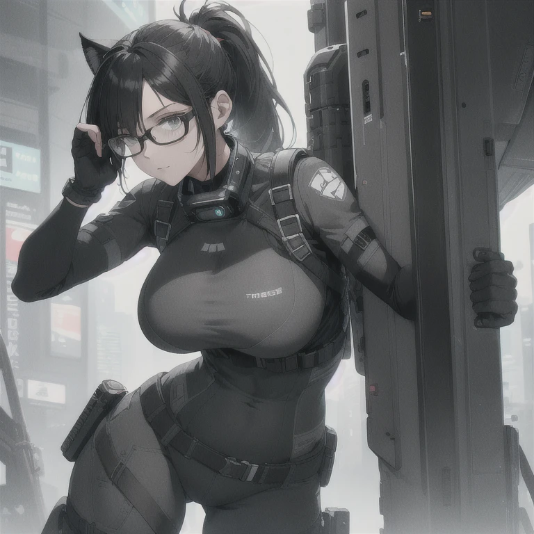 Absurd resolution, high resolution, (masterpiece: 1.4), hyper-detail, full body shot, solo, 1 kemono feline cat woman, no skin other than neck and head shown, black hair, glasses, messy ponytail, cute face, detailed soft grey eyes, huge massive hyper super swollen breasts that cover her whole torso and are bigger than her head while being so big they reach her belly button, extremely large bust, wide full hips, narrower torso and shoulders, smaller torso, full thicc big soft thighs, big rounded full soft butt, ruggedized utility styled outfit, full body outfit coverage with no skin showing or revealed, weather-proof durable clothing material, nylon clothing material, monochrome black and grey fullbody covering protective padding pilot rugged utility suit with white chest, practical/functional clothing, custom made clothing to fit and support large breasts, scifi padded rugged high collar techwear jacket, white and black triangular decals and techwear iconography on apparel and clothing, techwear gloves, arm mounted strapped display scifi tablet/communication device/computer, rugged tablet display mounted on MOLLE strap on top of her bust, ruggedized computer tablet mounted above her breasts, screen display mounted on top of her chest, ruggedized tech, ruggedized tech aesthetic, fitted utility pants, utility chaps, near future scifi, cyberpunk aesthetic, anime aesthetic