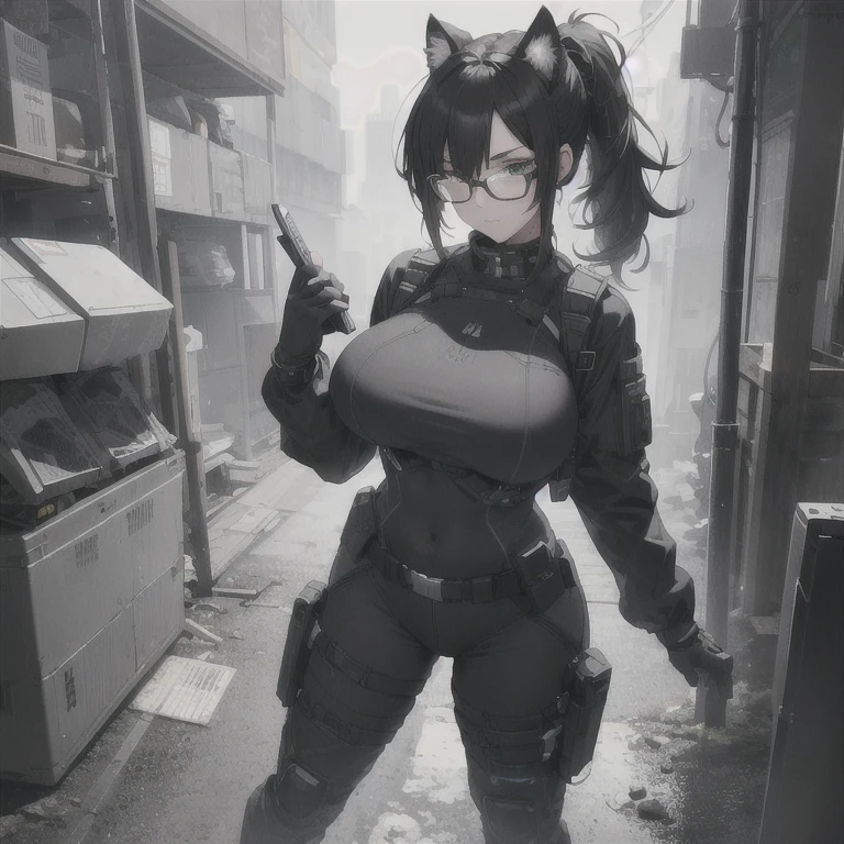 Absurd resolution, high resolution, (masterpiece: 1.4), hyper-detail, full body shot, solo, 1 kemono feline cat woman, no skin other than neck and head shown, black hair, glasses, messy ponytail, cute face, detailed soft grey eyes, huge massive hyper super swollen breasts that cover her whole torso and are bigger than her head while being so big they reach her belly button, extremely large bust, wide full hips, narrower torso and shoulders, smaller torso, full thicc big soft thighs, big rounded full soft butt, ruggedized utility styled outfit, full body outfit coverage with no skin showing or revealed, weather-proof durable clothing material, nylon clothing material, monochrome black and grey fullbody covering protective padding pilot rugged utility suit with white chest, practical/functional clothing, custom made clothing to fit and support large breasts, scifi padded rugged high collar techwear jacket, white and black triangular decals and techwear iconography on apparel and clothing, techwear gloves, arm mounted strapped display scifi tablet/communication device/computer, rugged tablet display mounted on MOLLE strap on top of her bust, ruggedized computer tablet mounted above her breasts, screen display mounted on top of her chest, ruggedized tech, ruggedized tech aesthetic, fitted utility pants, utility chaps, near future scifi, cyberpunk aesthetic, anime aesthetic