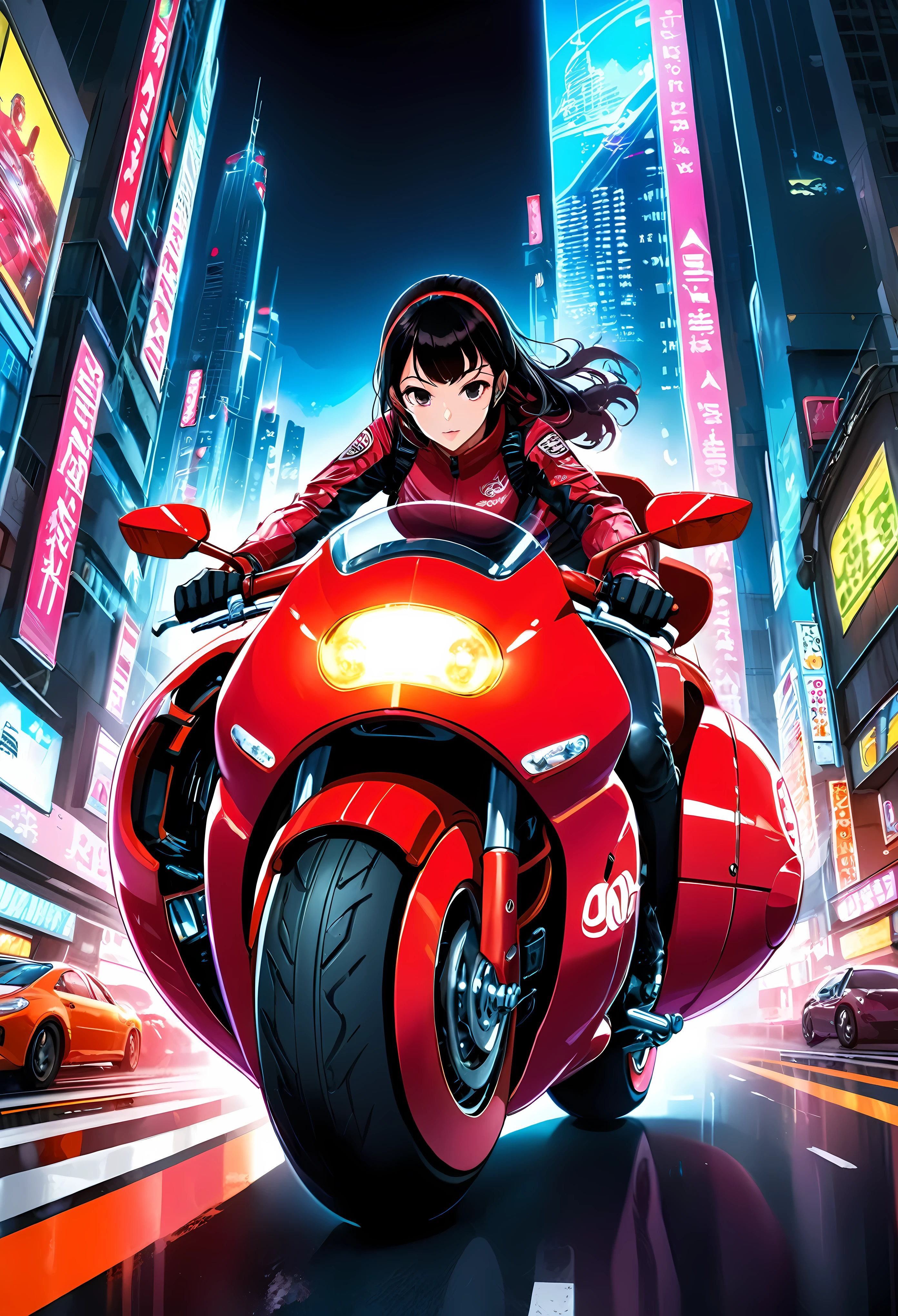 Create a detailed image of a futuristic motorcycle inspired by the iconic bike from the classic Akira manga/anime. The motorcycle should have a sleek, aerodynamic design with a low-slung, elongated body. It should feature a vibrant red color with a glossy finish. The front should have a curved, bubble-shaped windshield, integrated into the bike’s streamlined form. The wheels should be large and chunky, with a futuristic, almost hover-like quality. The front wheel is partially covered by an angular fender, while the rear wheel is exposed, showcasing intricate suspension and mechanical details. The bike should have detailed decals, including logos and futuristic text. The seat should be contoured for a single rider, blending seamlessly into the bike's body. The handlebars should be minimalistic, with advanced digital controls and displays integrated into the design. The background should be a neon-lit cityscape at night, with tall skyscrapers and futuristic elements, evoking a cyberpunk atmosphere. ((Pretty Female bike rider with futuristic neon clothing):1.2). | ((perfect_composition, perfect_design, perfect_layout, perfect_detail, ultra_detailed)), ((enhance_all, fix_everything)), More Detail, Enhance.
