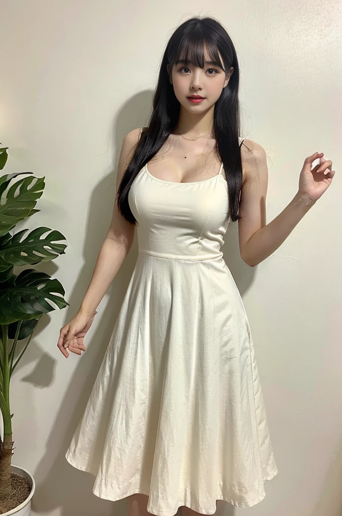 Full body picture of cute woman wearing sundress medium size tits slim curvy ultra realistic detailed