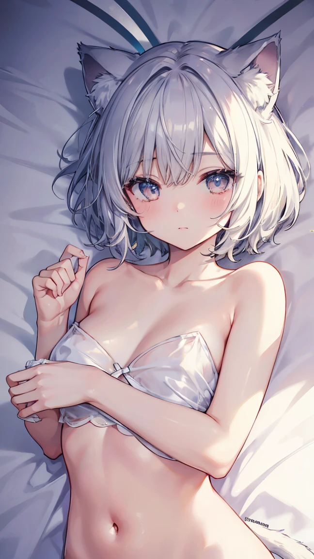 short hair,Short Hair,Straight Hair、Gray Hair、Twinkling eyes、Golden Eyes、Cat ear,Cat tail、White cat,Embarrassing,Lying in bed,White sheets,naked,Small breasts、shine、reflected light、Film Grain、masterpiece、Textured skin、Super Detail、High Detail、high quality、最high quality、High resolution、16K、shine