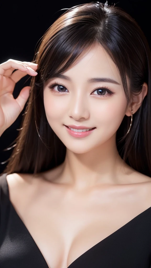 (Super beautiful woman)、((highest quality、8K masterpiece:1.3))、sharp focus:1.2、(super beautiful face:1.0)、(shiny skin:1.0)、realistic pictures、black hair、video lighting、High resolution eyes and face、video lighting、japanese actress、from the front、with a happy smile、whole body、