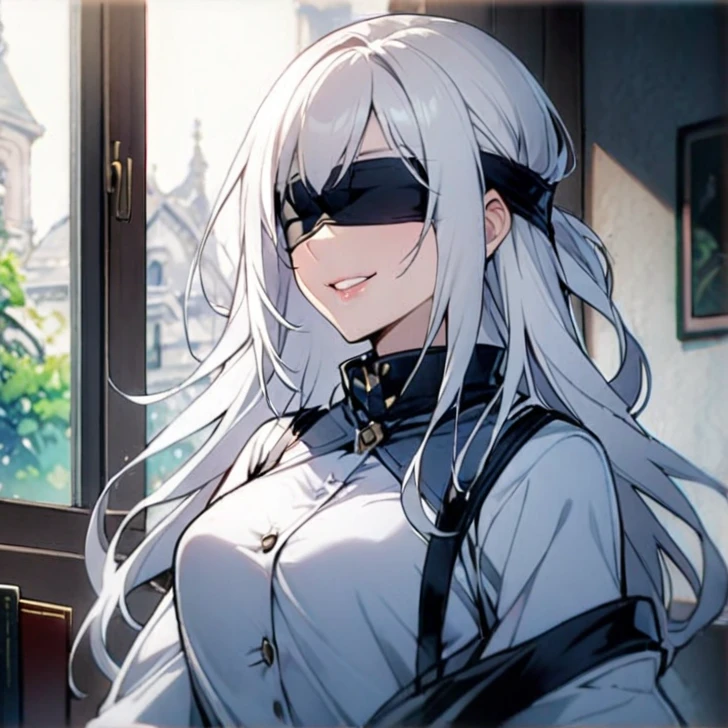 1girl, solo, long_hair, blindfold, white_hair, window, breasts, upper_body, smile, indoors, book, bangs, covered_eyes, lips, black_blindfold