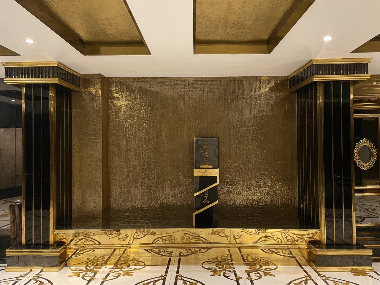 Wall design with golden glossy rose and plant with gold paint