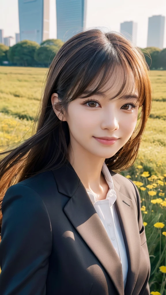 highest quality、genuine、Super detailed、finely、High resolution、8k wallpaper、one beautiful woman、、、light brown disheveled hair、wearing a business suit、sharp focus、perfect dynamic composition、beautiful and detailed eyes、thin hair、Detailed genuine skin texture、smile、model body shape、In Tokyo at morning、In a windswept meadow