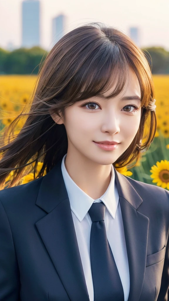 highest quality、genuine、Super detailed、finely、High resolution、8k wallpaper、one beautiful woman、、、light brown disheveled hair、wearing a business suit、sharp focus、perfect dynamic composition、beautiful and detailed eyes、thin hair、Detailed genuine skin texture、smile、model body shape、In Tokyo at morning、In a windswept meadow