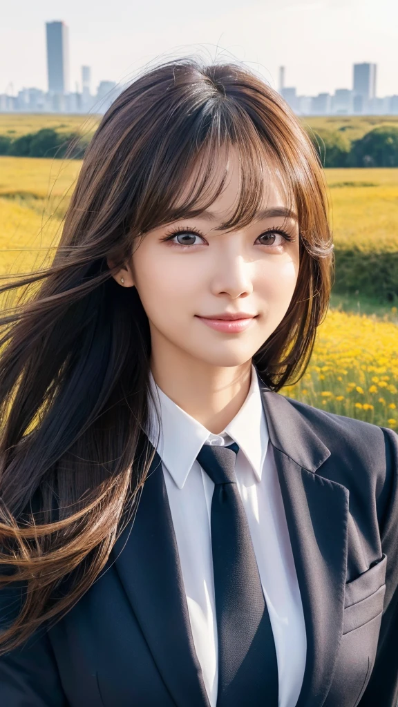 highest quality、genuine、Super detailed、finely、High resolution、8k wallpaper、one beautiful woman、、、light brown disheveled hair、wearing a business suit、sharp focus、perfect dynamic composition、beautiful and detailed eyes、thin hair、Detailed genuine skin texture、smile、model body shape、In Tokyo at morning、In a windswept meadow