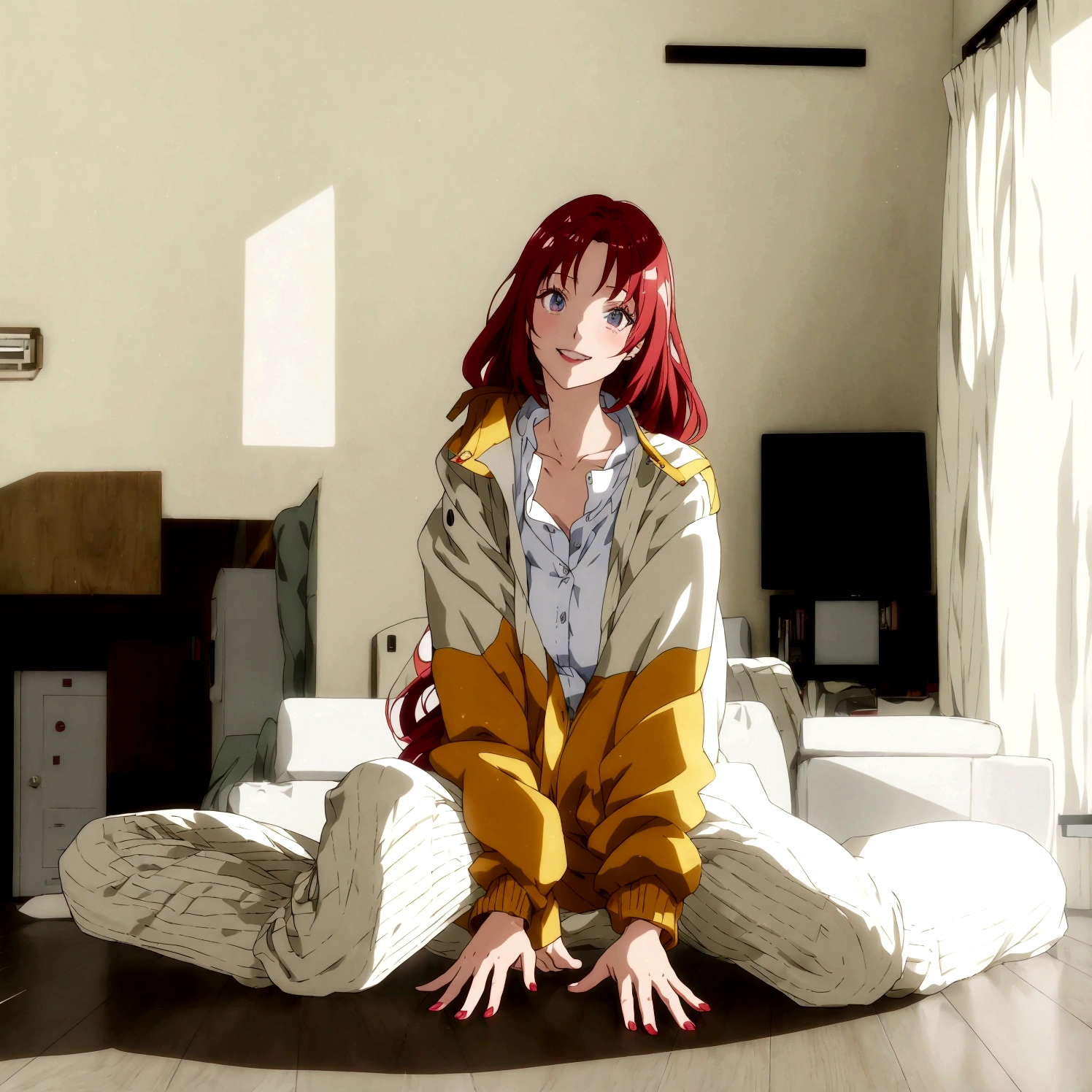 smile、anime - style image of a woman sitting on the floor in a living room, the anime girl is crouching, realistic anime 3 d style, 3 d anime realistic, anime styled 3d, 3d anime girl, made with anime painter studio, 3 d anime, sayori, 3d anime, asuka suit under clothes!, pixiv 3dcg