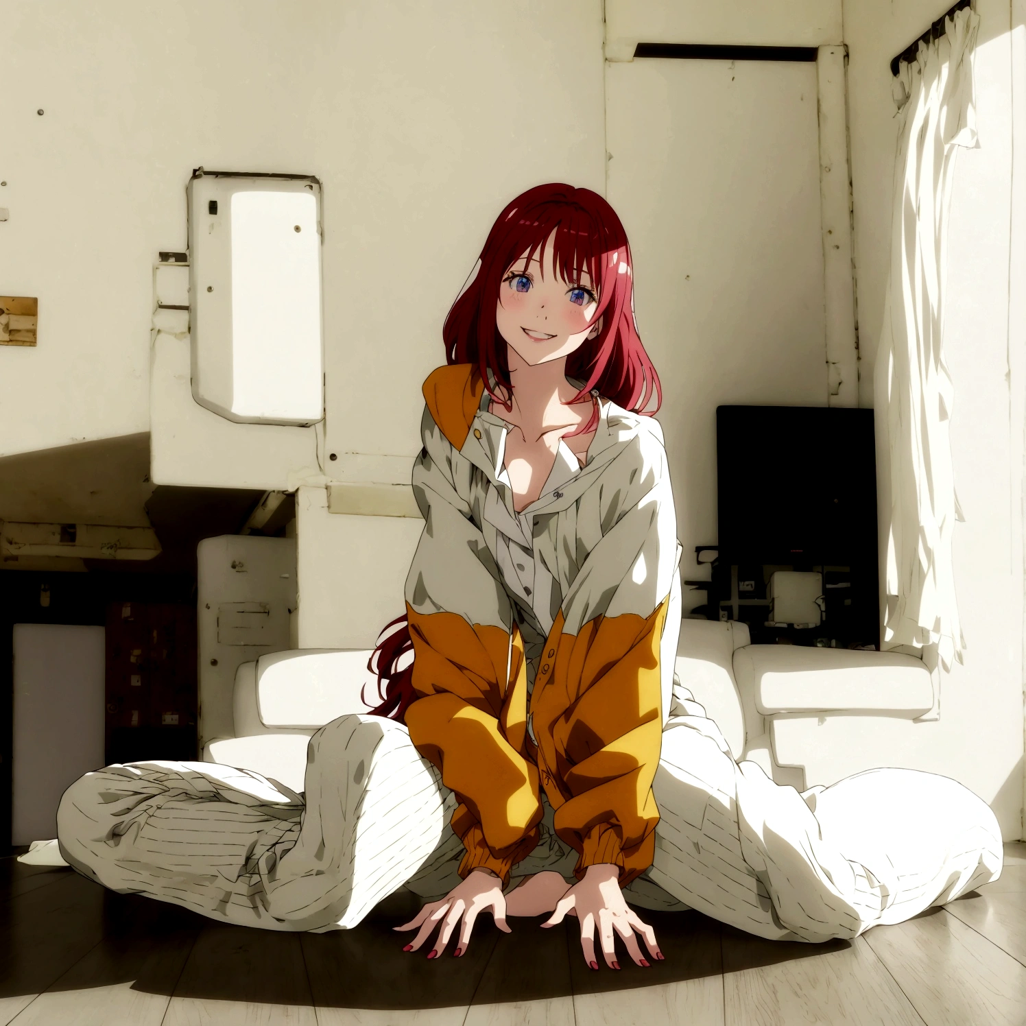 smile、anime - style image of a woman sitting on the floor in a living room, the anime girl is crouching, realistic anime 3 d style, 3 d anime realistic, anime styled 3d, 3d anime girl, made with anime painter studio, 3 d anime, sayori, 3d anime, asuka suit under clothes!, pixiv 3dcg